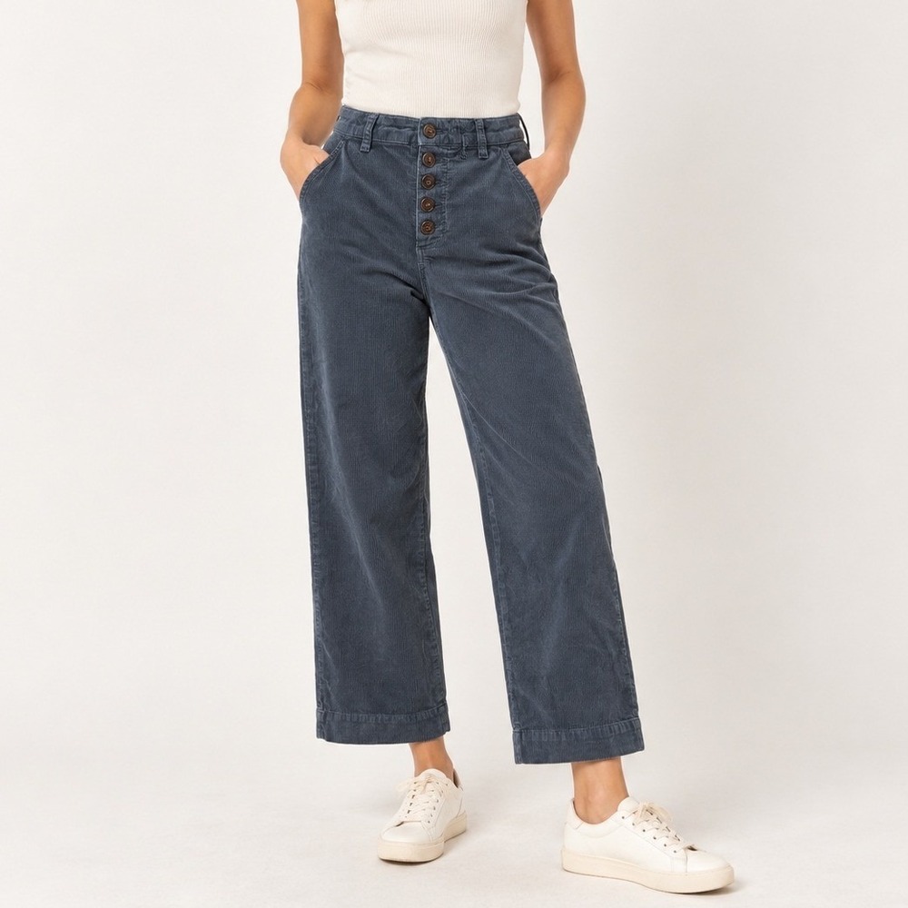 Marine Layer Women Blue Grey Corduroy Wide Leg Button Fly Cropped Pants Size 4